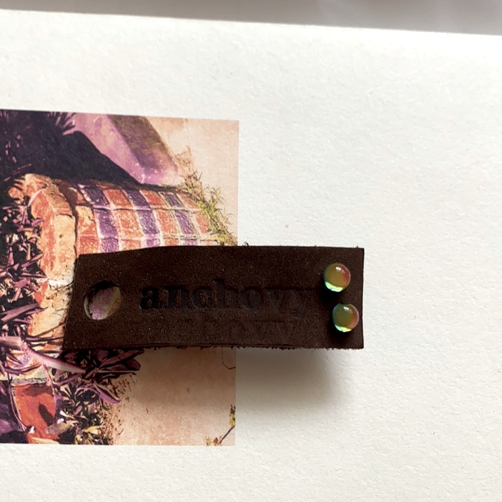 Gem earring studs on a leather backing. BNWT
